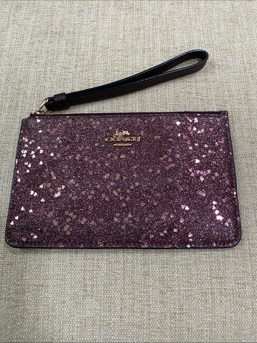 Coach Heart Glitter Wristlet in Raspberry Sparkling with Gold Logo